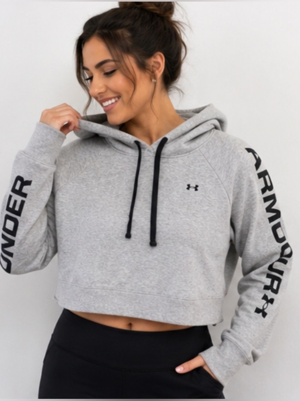 Under Armour Cropped Hoodie Womens M Grey Black UNDER ARMOUR Sleeve Logo
